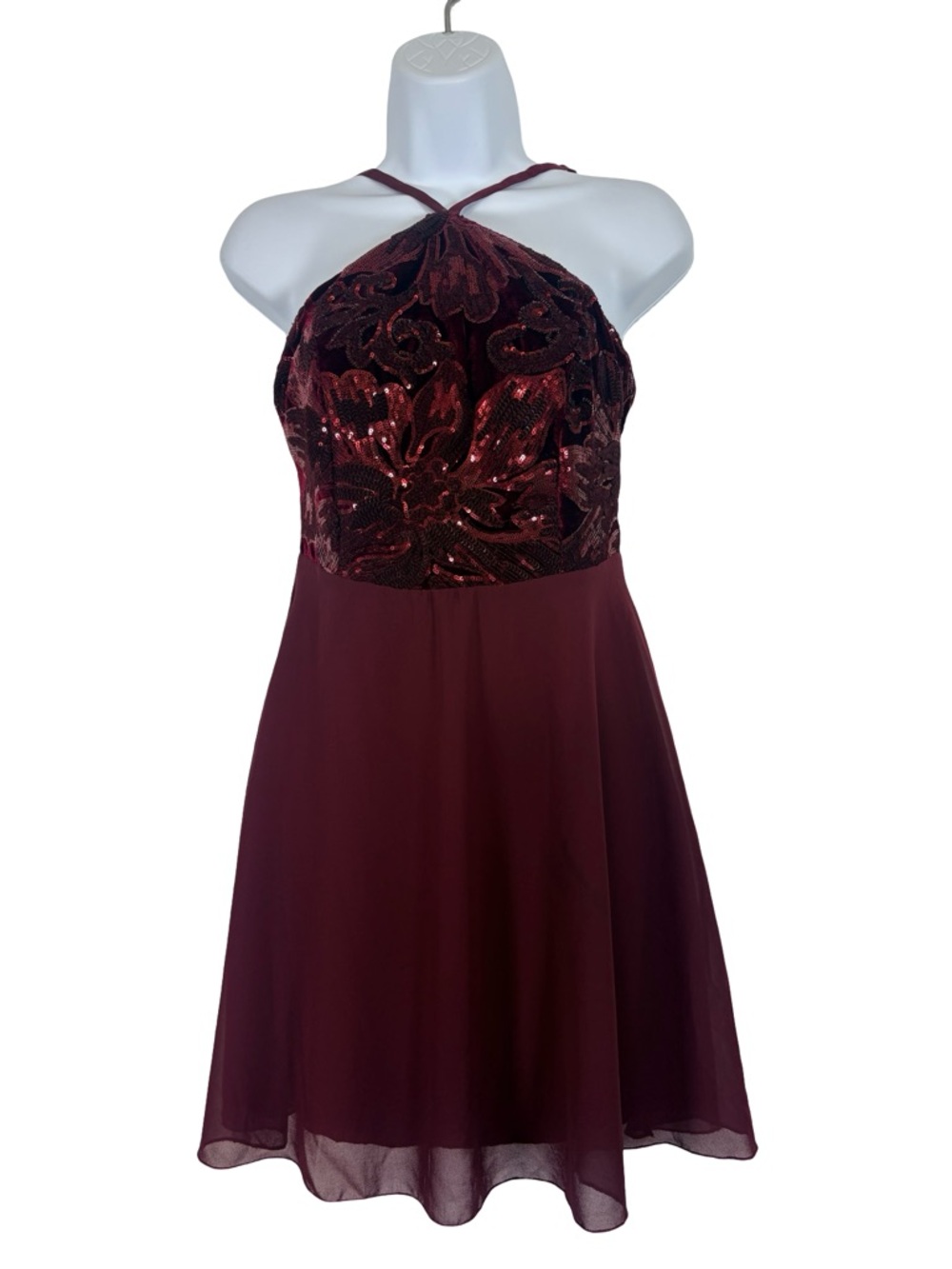 Lulus Burgundy Sequin Halter Dress Fit & Flare Party Cocktail Dress Size M
